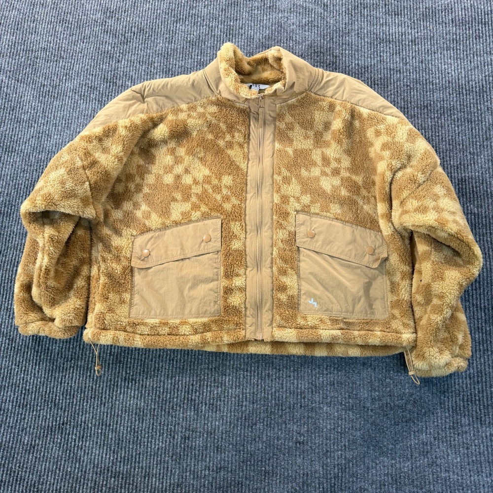 JoyLab Women Checkered Faux Fur Fleece Full Zip Jacket Medium Tan Mock Neck